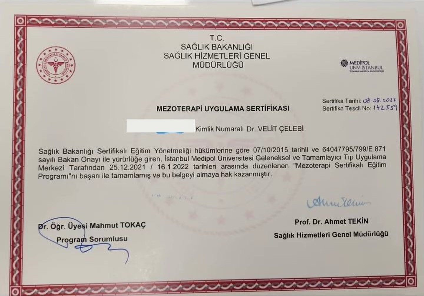 Mezoterapi Uygulama Sertifikası belgesi — küçük önizleme