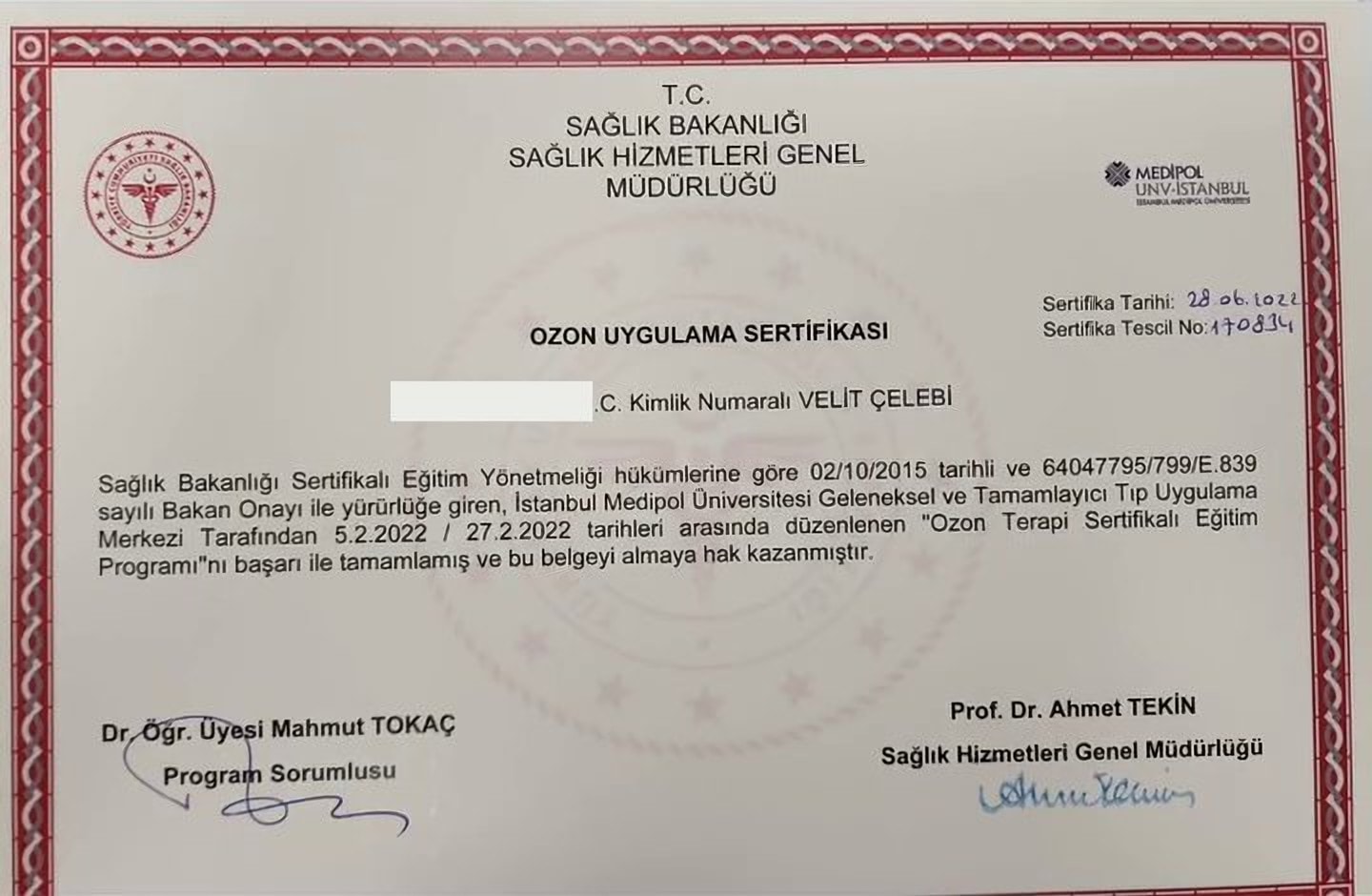 Ozon Uygulama Sertifikası belgesi — küçük önizleme